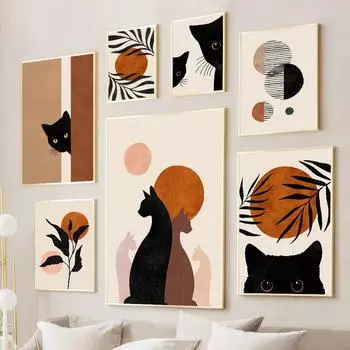 Абстрактные Бохо Солнце Чаши Черные Кошки Принты Настенное Искусство Минималистский Нейтральный Холст Картина Современные Картины Декор Гостиной Постеры 21x30cm No Framed