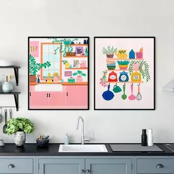 Абстрактные ботанические растения в стиле бохо, настенная живопись на холсте, плакаты на скандинавскую тему и принты, настенная картина для розового декора для кухни, гостиной (с рамкой) 15*20cm(with frame)