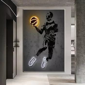 Абстрактные черно-белые неоновые картины на холсте, плакаты с баскетболистами, принты, настенные художественные картинки для декора гостиной, Cuadros 21x30 No Frame
