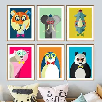 Абстрактные цветные блоки, тигр, лев, медведь, пингвин, панда, настенные художественные постеры, принты, скандинавская картина на холсте, картины с животными для детской комнаты 21cm30cm NoFrame