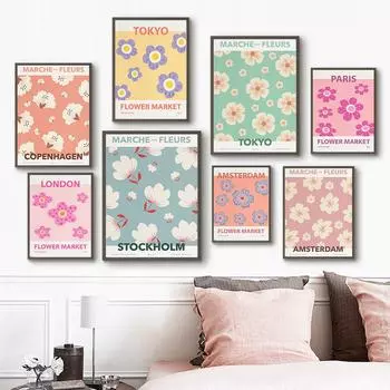 Абстрактные цветные цветочные рынки Токио Париж, настенная живопись на холсте, плакаты на скандинавскую тему и принты, настенные панно для декора гостиной 21cm30cm NoFrame