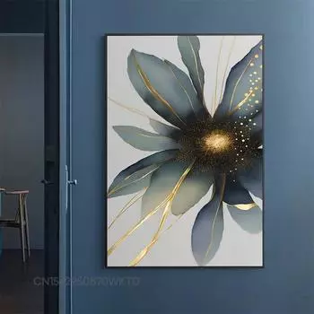 Абстрактные цветущие цветы, постеры и принты, роскошная золотая фольга, настенная живопись на холсте, картины, современный скандинавский декор для гостиной 21x30cm No Framed