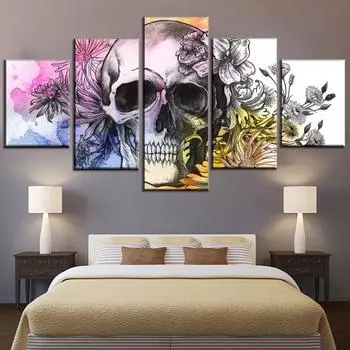 Абстрактные цветы и черепа без рамки, 5 шт., настенное искусство, холст с принтом, постеры, картины, живопись для гостиной, домашний декор, фотографии 20x35 20x45 20x55cm