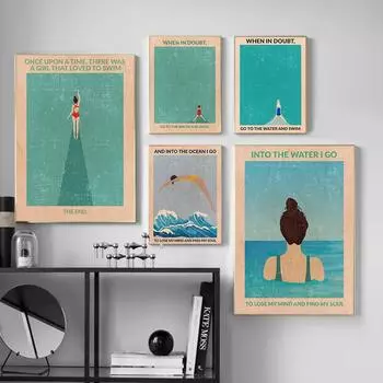 Абстрактные дайвинг плавание большие волны плакаты в открытой воде холст картины печать цитата настенные художественные картины для спальни домашний декор 21x30cm No Framed светло-серый