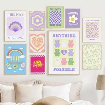 Абстрактные Датские Пастельные Холст Плакат и Принт Фиолетовый Клетчатый Смайлик Цветочные Картины Эстетическая Спальня Настенный Художественный Декор 21x30cm