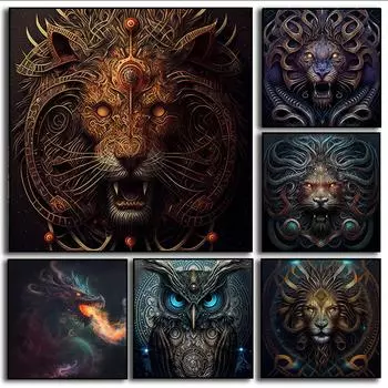 Абстрактные Фэнтези Животные Черный Дракон Филин Лев Холст Искусство Плакаты Печать Картина Настенный Подарок Гостиная Картины Украшения 20x20cm no frame