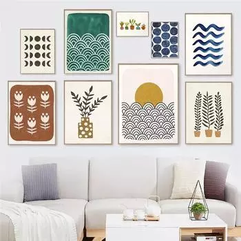 Абстрактные Фазы Луны Плакаты в стиле бохо Солнечные волны Холст Картина Настенные художественные принты Ботанические картины для гостиной Украшение дома 21x30cm No Framed