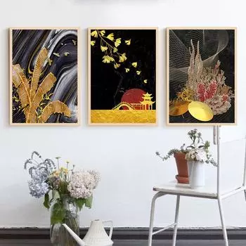 Абстрактные фигуры и линия золотой фольги, настенная живопись маслом, ретро-изображения, плакат и печать 21cm30cm NoFrame