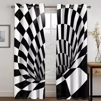 Абстрактные геометрические черно-белые шахматные занавески для гостиной, спальни, кухни, оконные занавески для домашнего декора, 2 шт., бесплатная доставка 2x60Wx50H(CM)&Rod Pocket