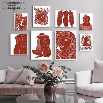Абстрактные геометрические красные линии объятия влюбленных листьев настенное искусство холст картины скандинавские постеры и принты картинки для декора гостиной 21*30cm