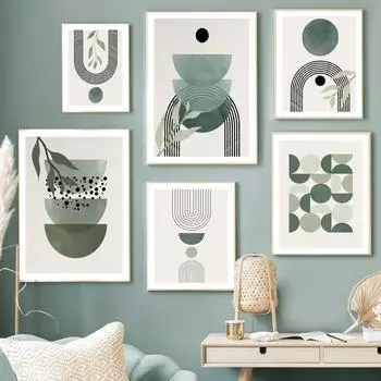 Абстрактные геометрические шалфейные зеленые ботанические произведения искусства в стиле бохо, настенная живопись, холст, картина, скандинавский постер, настенная картина, Декор в гостиную A4 21X30cm No Framed