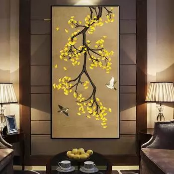 Абстрактные Гостиная Цветы Гинкго и Птицы Картина на Холсте Красивые Растения Плакаты Настенные Художественные Печати Украшения Картины Без Рамки 20*40cm No Frame