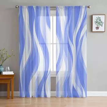 Абстрактные градиентные линии, светло-голубые оконные тюлевые шторы для гостиной, кухни, современные оконные занавески из вуали 135W x 114H(cm)