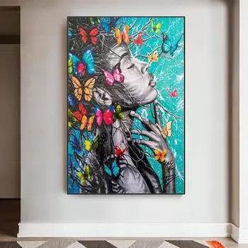 Абстрактные граффити в африканском стиле, черная женщина, холст, картины, красочные бабочки, настенные художественные принты, постеры для декора гостиной, Cuadros 20x30cm no frame темно-бирюзовый