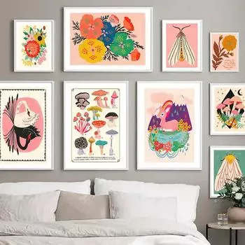 Абстрактные грибы, цветы, насекомые, олени, бохо, настенное искусство, плакаты на скандинавскую тему, холст, живопись и принты, настенные панно для декора гостиной 21x30cm No Framed