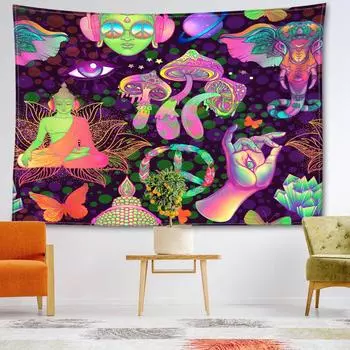 Абстрактные грибы и статуи Будды, гобелен, настенное искусство, колдовство, загадочный хиппи, тапиз, домашний декор для спальни 95x73CM