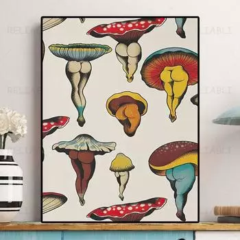Абстрактные грибы с сексуальной женской ногой, холст, картина, постеры, принты, винтажная ретро-художественная картина для спальни, домашний декор комнаты 21cm30cm NoFrame