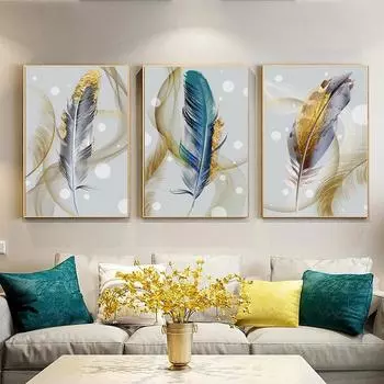 Абстрактные картины из золотой фольги с перьями, настенные художественные постеры и принты, современная гостиная, спальня, украшение для дома 21x30 No Frame