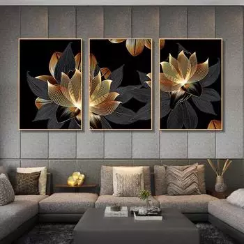 Абстрактные картины на холсте, настенные рисунки, золотые, черные цветы, листья, декоративные принты, настенная живопись, картины для настенных постеров, декор гостиной 21x30cm No Framed