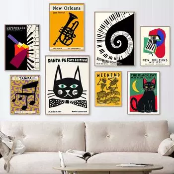 Абстрактные картины на холсте с изображением джазового фестиваля в Новом Орлеане, черные кошки, скандинавские постеры и принты, настенные картины для декора гостиной 21x30cm No Framed красный