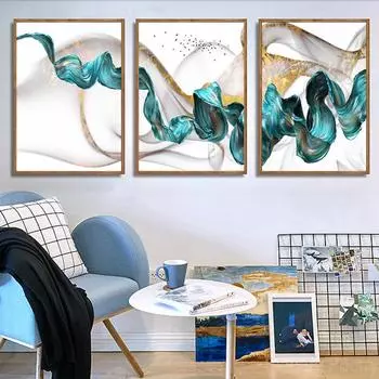 Абстрактные картины с лентами, шелковый шарф, холст, картина, настенное искусство, современные синие золотые постеры и принты для гостиной, домашний декор 21cm30cm NoFrame