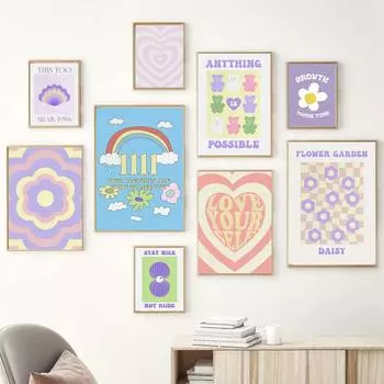 Абстрактные комиксы, датский розовый холст, постер и принт с фиолетовым сердцем, улыбкой, цветком, эстетика, домашняя стена 21cm30cm NoFrame