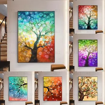 Абстрактные красочные Древо жизни с изображением удачи, масло, холст, живопись, постеры и принты, настенные художественные фотографии, домашний декор для гостиной, без рамки 21cm30cm NoFrame