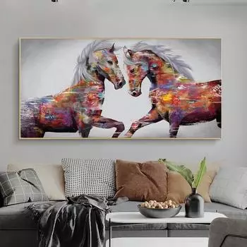 Абстрактные Красочные Две Лошади Бегут Картина Маслом Плакат и Эстамп Украшение Дома Безрамная Стена Куадрос 20cm40cm NoFrame
