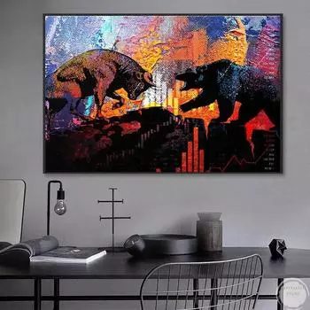 Абстрактные красочные картины маслом на холсте с изображением быка и медведя, постер и печать, настенная живопись для гостиной, домашнего декора, без рамки 21*30cm No Frame