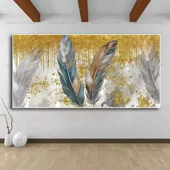 Абстрактные красочные перья, холст, живопись, настенное искусство, современное золотое перо, художественные работы, постеры и принты для декора стен гостиной 20x40cm No Framed
