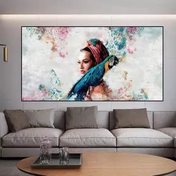 Абстрактные красочные женщина и попугай, масло, холст, живопись, постеры и принты, настенные художественные фотографии, домашний декор для гостиной, без рамки 20cm40cm NoFrame