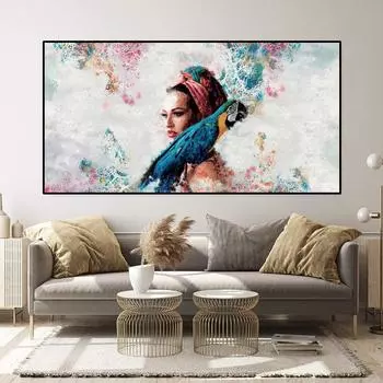 Абстрактные красочные женщина и попугай, масло, холст, живопись, постеры и принты, настенные художественные фотографии, домашний декор для гостиной, без рамки 20*40cm