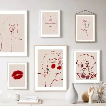 Абстрактные линии для девочек, розовые красные губы, цитаты, настенная живопись на холсте, плакаты на скандинавскую тему и принты, настенные панно для декора гостиной 21cm30cm NoFrame