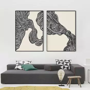 Абстрактные линии Фигура Плакат Современные черные волнистые линии Минималистское настенное искусство Холст Картина Скандинавская картина для гостиной Домашний декор 21x30cm No Framed