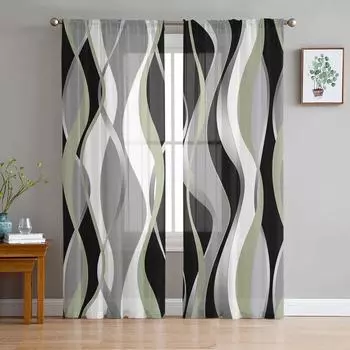 Абстрактные линии, градиент, трава, зеленая тюлевая занавеска для гостиной, спальни, кухни, украшение, оконная вуаль, тюлевая занавеска 135W x 114H(cm)