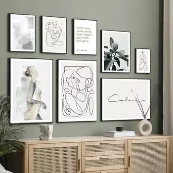 Абстрактные линии поцелуй тела девушки индийский фикус настенная живопись на холсте плакаты на скандинавскую тему и принт настенная картина для декора комнаты для пар A4 21X30cm No Framed