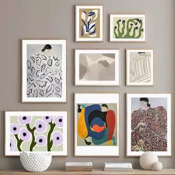 Абстрактные линии полосатая пижама женщина плакаты и принты геометрический цветок лист холст картина настенное искусство гостиная домашний декор 21x30cm No Framed