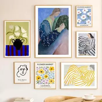Абстрактные линии Полосатая женщина Цветочный рынок Матисс Ваза Плакаты Картина на холсте и печать Настенное искусство Гостиная Домашнее украшение 21x30cm No Framed