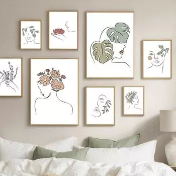 Абстрактные линии, женские цветы, плетеные листья монстеры, настенная живопись, холст, живопись, постеры на скандинавскую тему, фотографии для декора гостиной 21x30cm No Framed