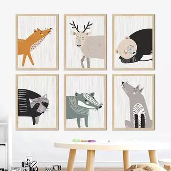 Абстрактные лиса, медведь, волк, енот, олень, скандинавские постеры и принты, настенная живопись на холсте, настенные картины с животными для декора детской комнаты 21cm30cm NoFrame