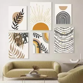 Абстрактные листья солнце радуга настенное искусство бохо линия постер скандинавский холст картина галерея гостиная нарисованная картина для домашнего декора 21x30cm No Framed
