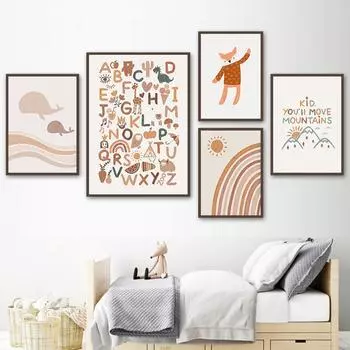 Абстрактные лисы, киты, солнце, радуга, бохо, детские цитаты, постеры и принты, настенное искусство, холст, живопись, настенные картины, детская комната, без рамки 21*30cm