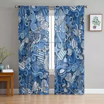 Абстрактные морские и прозрачные шторы для гостиной, прозрачный тюль, занавеска для окна, спальня, кухня, декор, вуаль, шторы 135W x 114H(cm)