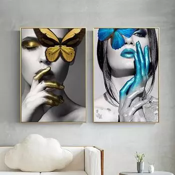 Абстрактные настенные художественные картины, модная женская бабочка, губы, золото и белый, черный, современный домашний холст, картина, красота, декор, постеры 21cm30cm NoFrame