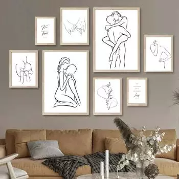 Абстрактные пары линий поцелуи, держась за руки, плакаты на скандинавскую тему, настенная живопись на холсте и принты, настенные панно для декора гостиной 21x30cm No Framed