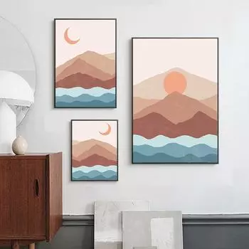 Абстрактные пейзажные картины в стиле бохо, Луна, Солнце, постеры и принты, винтажное настенное искусство, скандинавский лес, холст, картина для декора спальни 21cm30cm NoFrame
