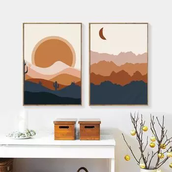 Абстрактные пейзажные картины в стиле бохо, Луна, Солнце, постеры и принты, винтажное настенное искусство, скандинавский лес, холст, картина для декора спальни 21cm30cm NoFrame