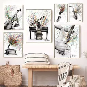 Абстрактные постеры на фортепиано, гитаре, скрипке, фонографе, принты, винтажная картина на холсте, настенное искусство, картина для гостиной, музыка, домашний декор 21x30cm No Framed