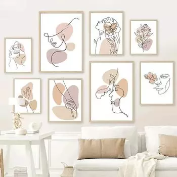 Абстрактные постеры в стиле бохо, линия лица девушки, цветы, настенная живопись, холст, современный минималистичный скандинавский принт, фотографии, декор для гостиной 21x30cm No Framed