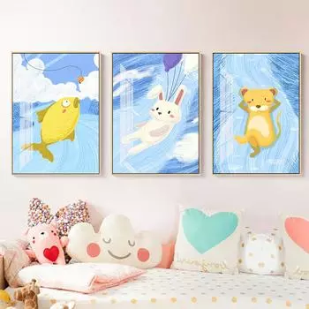 Абстрактные речные животные, рыба, кролик, тигр, холст, постеры, детские настенные художественные принты, мультяшная живопись, скандинавский декор для детской комнаты 21cm30cm NoFrame